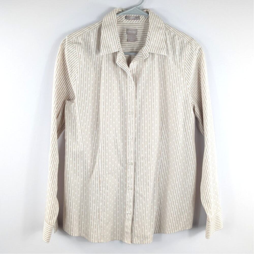Chico’s 0 Button Up Shirt Womens Tan Stripe No Iron Coolmax Long Sleeve
